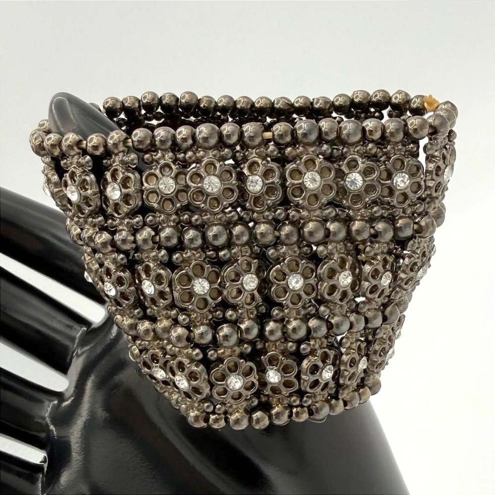 VTG Gunmetal Tone Floral Rhinestone Stretch‎ Cuff Bracelet Wide Beaded Stacked